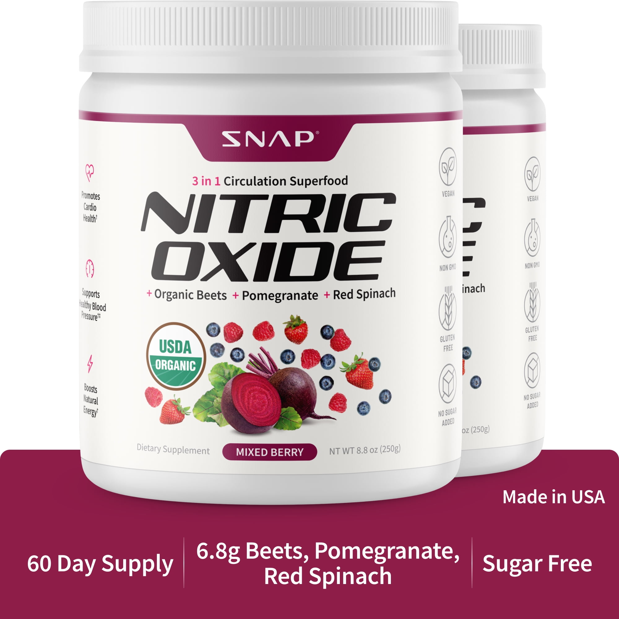 Snap Supplements Beet Root Organic Nitric Oxide Powder with Amino Acids, Cardio Health Support and Natural Energy, 250g, 2-Pack