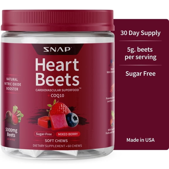 Snap Supplements Beet Chews for Circulation & Blood Pressure Support, Berry Flavor, 60 Count