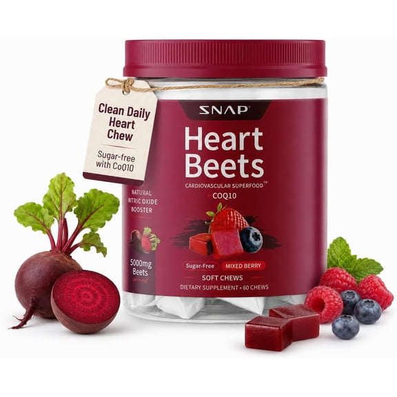 Snap Supplements Beet Chews for Circulation & Blood Pressure Support, Berry Flavor, 60 Count