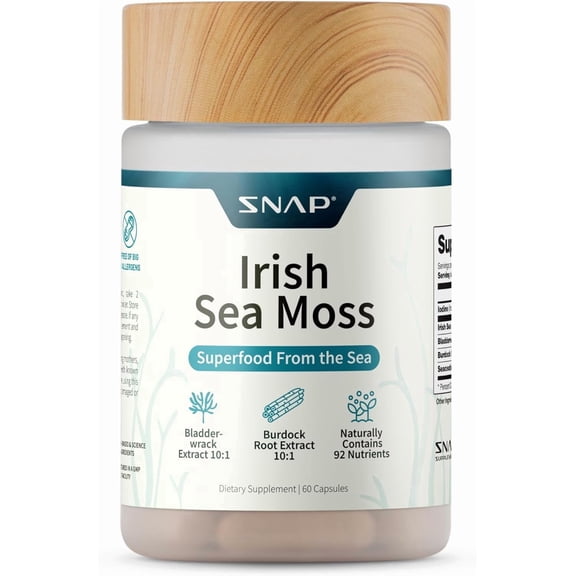 Snap Supplements Seamoss Pills with Bladderwrack and Antioxidants for Digestion Support, 60 Capsules