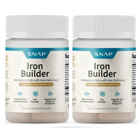 Snap Supplements Iron Builder Pills, Raise Iron Levels & Blood Builder, Easy Swallow, 60 Count, 2 Pack