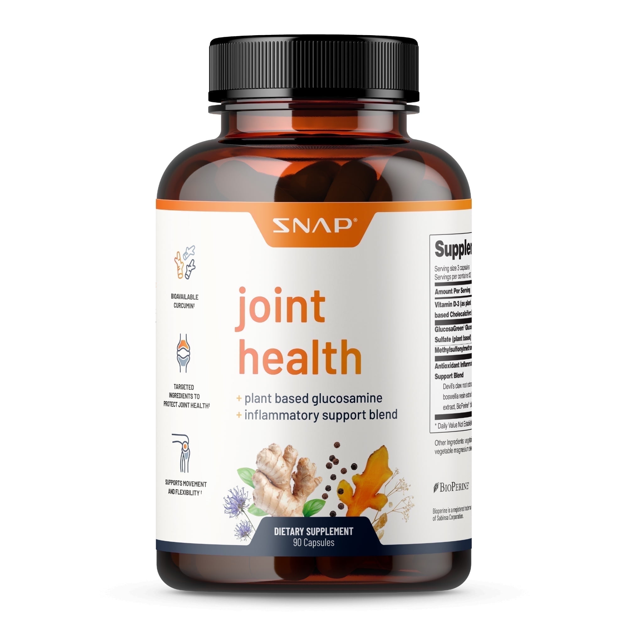 Snap Supplements Joint Health Support, Plant Based Glucosamine & MSM, Movement, Flexibility and Strength - 90 Capsules