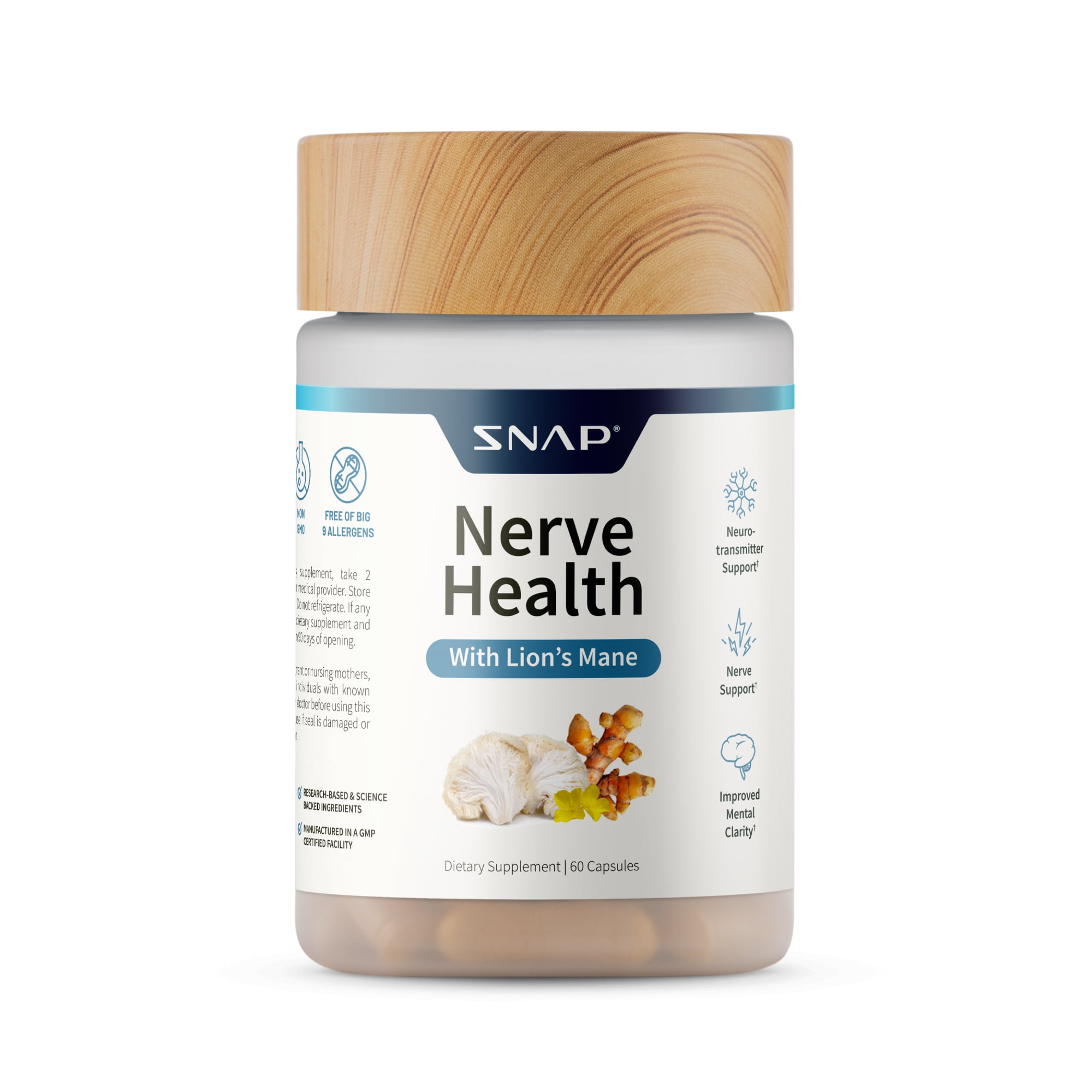 Snap Supplements Nerve Health with Lion's Mane, Antioxidant, Neuro Transmitter Support Clarity, 60 Capsules