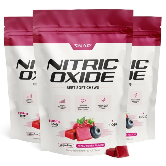 Snap Supplements Nitric Oxide Beet Chews, 60 Soft Chews, Sugar-Free, Blood Pressure Support 3 pack