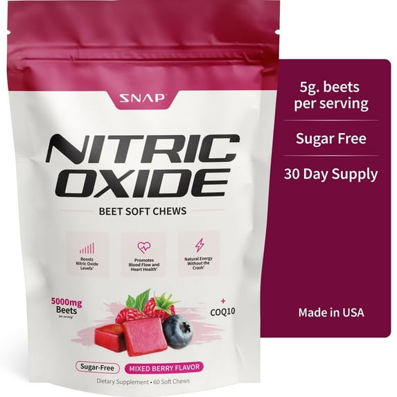 Snap Supplements Nitric Oxide Beet Chews, Sugar-Free, Blood Pressure Support, 60 Soft Chews