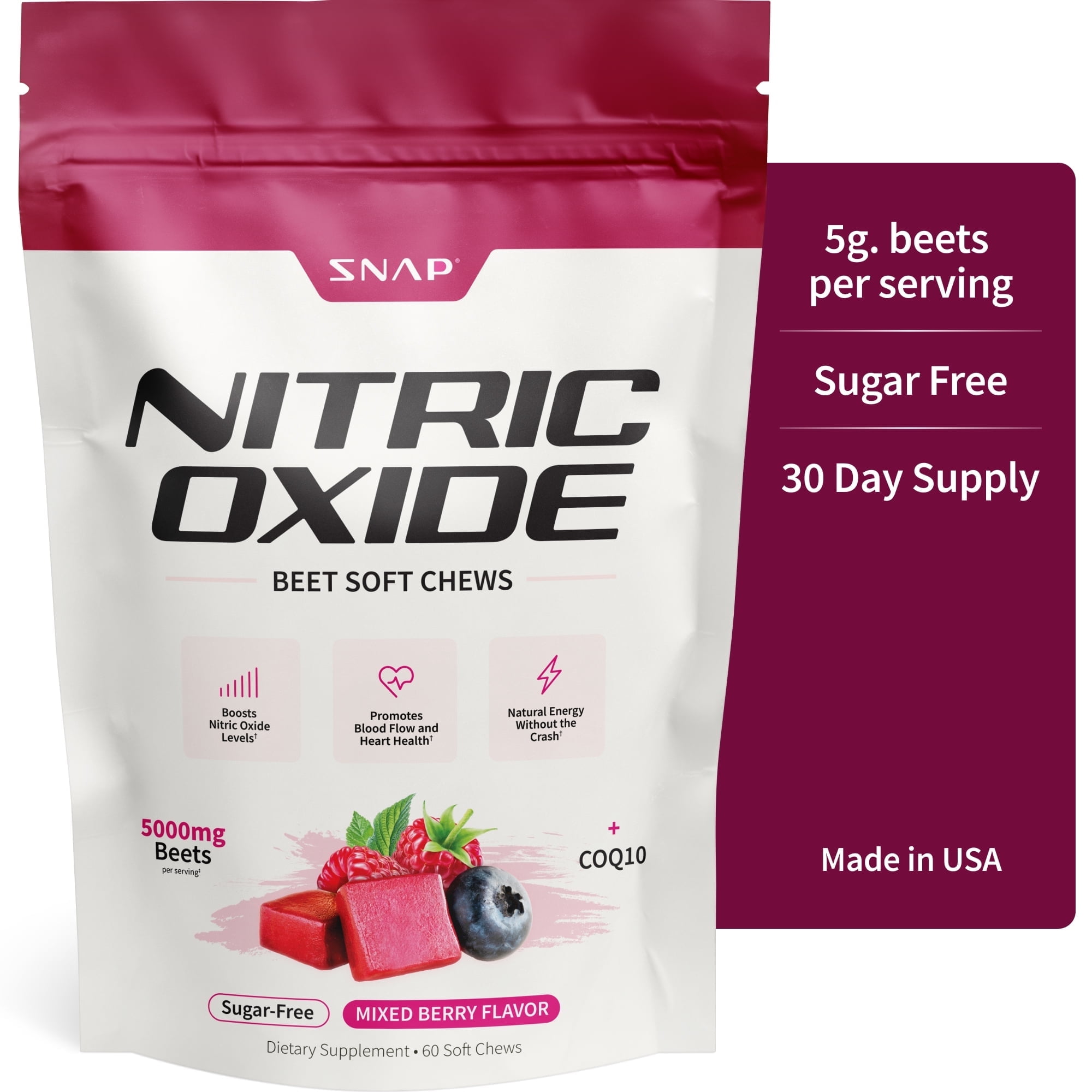 Snap Supplements Nitric Oxide Beet Chews, 60 Soft Chews, Sugar-Free, Blood Pressure Support