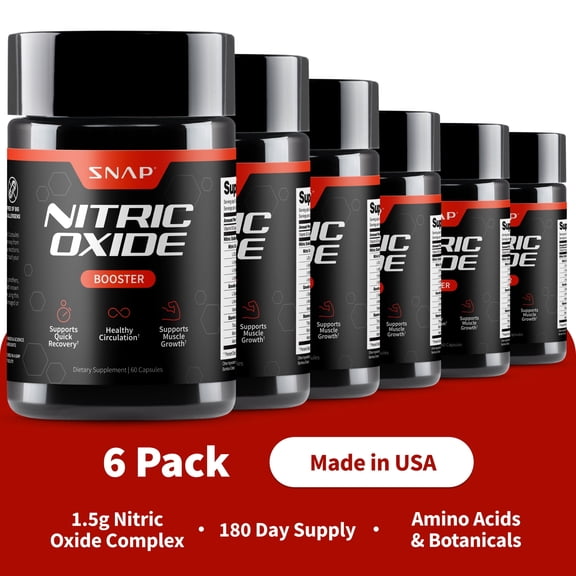 Snap Supplements Nitric Oxide Booster Pills - Pre Workout, Muscle Builder, 1500mg, 60 Tablets, 6 Pack