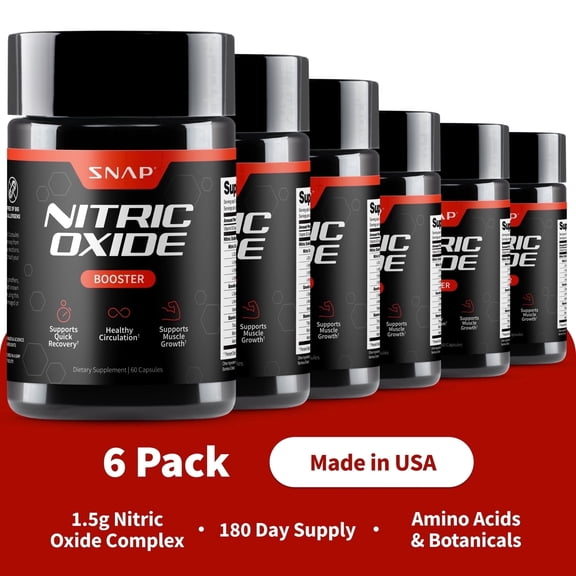 Snap Supplements Nitric Oxide Booster with L-Arginine and L-Citrulline, 60 Capsules, 6-Pack, Adult Dietary Supplement, Convenient Daily Capsule Formula, For workout endurance and circulation