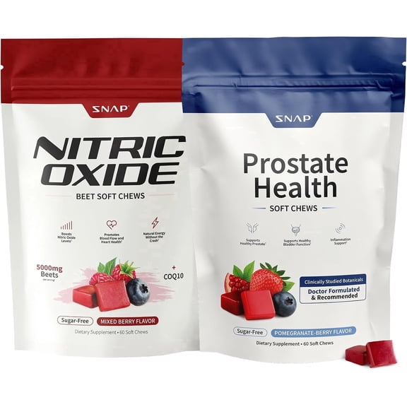 Snap Supplements Nitric Oxide Chews and Prostate Chews, Unique mushrooms, Antioxidants, Botanicals to Support Male Reproductive Wellness, MADE IN THE USA