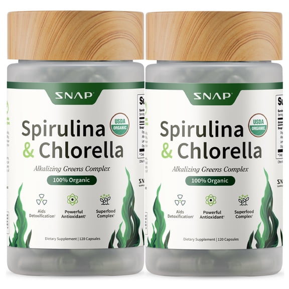 Snap Supplements Organic Chlorella Spirulina Capsules - Plant Vitamins, Super Greens, 120 Capsules, 2-Pack