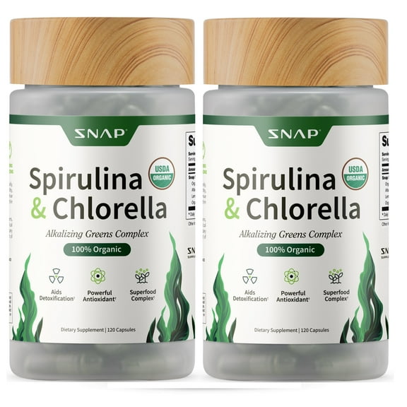 Snap Supplements Organic Chlorella Spirulina Capsules - Plant Vitamins, Super Greens, 120 Capsules, 2-Pack