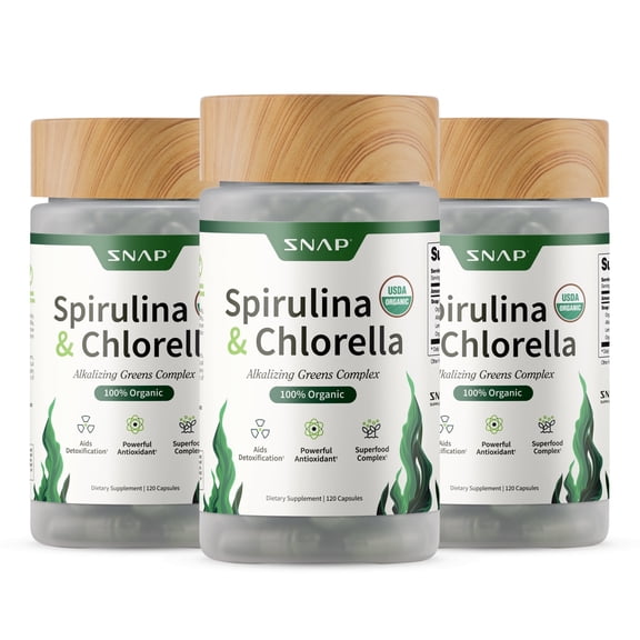 Snap Supplements Organic Chlorella Spirulina Capsules - Plant Vitamins, Super Greens, 120 Capsules, 3-Pack