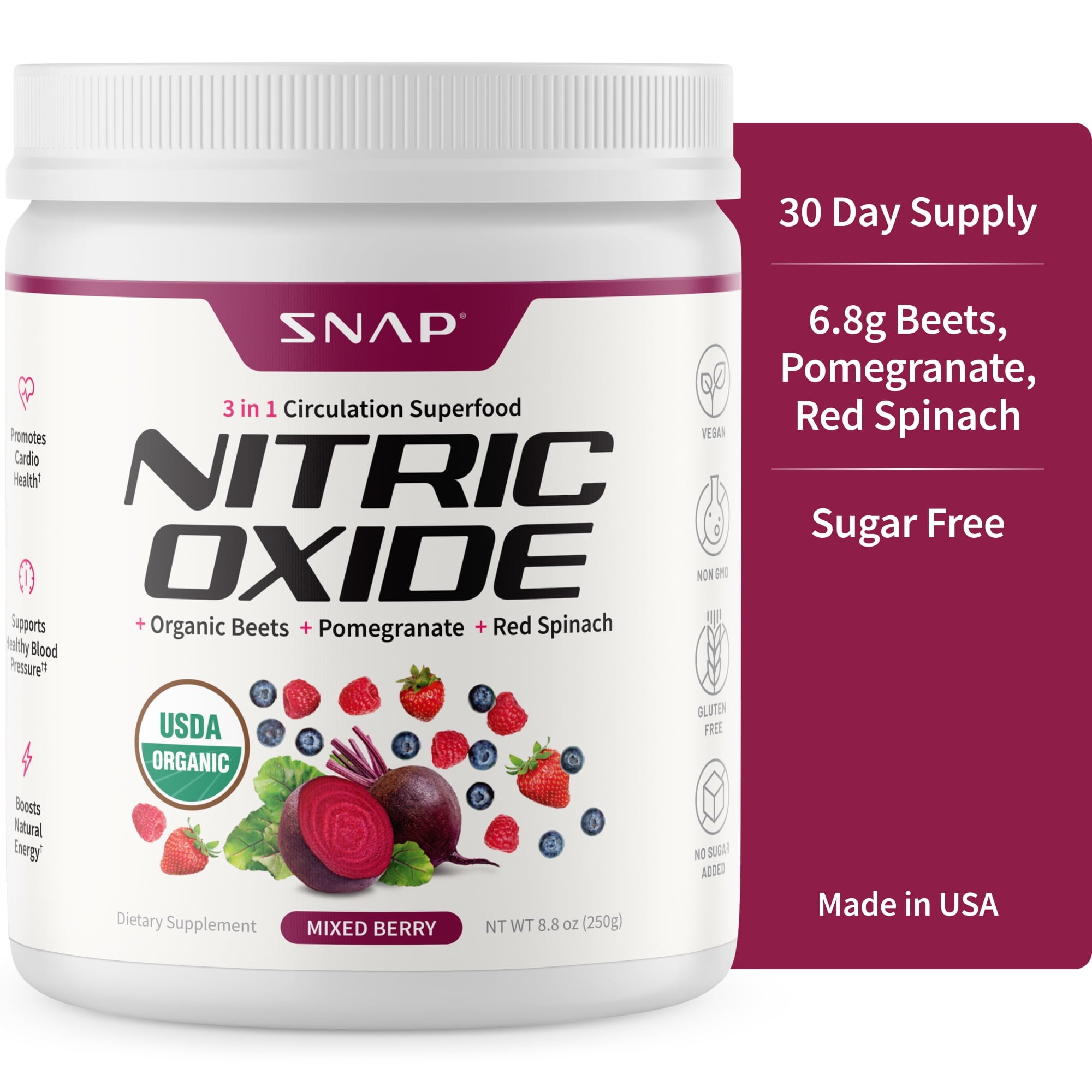 Snap Supplements Organic Mixed Berry Beet Root Powder with Amino Acids, Cardio Energy Support, 250g