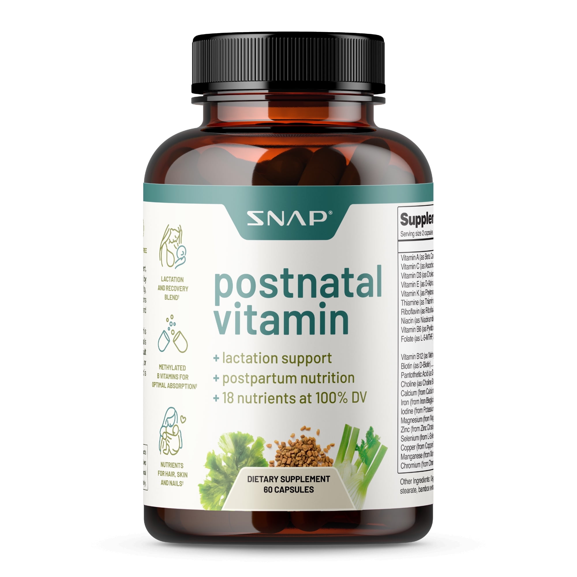 Snap Supplements Postnatal Vitamin, Postpartum Recovery, Lactation, and Support, 60 Capsules