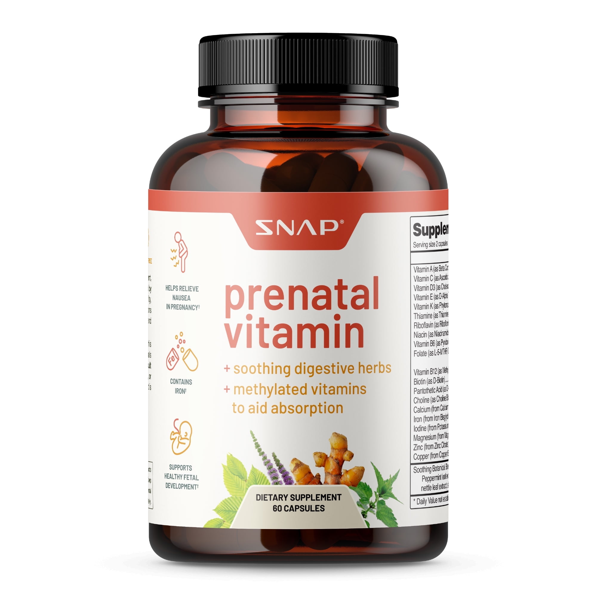 Snap Supplements Prenatal Vitamin, Help Relieve Nausea in Pregnancy with Nutrients for Energy, 60 Capsules