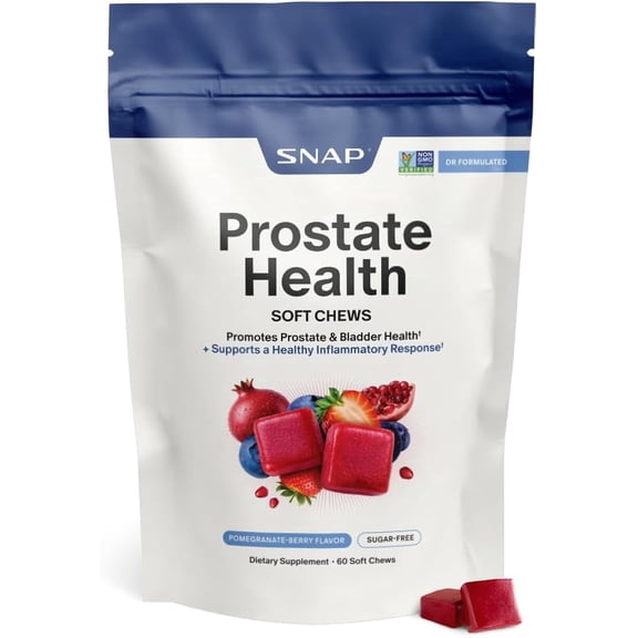 Snap Supplements Prostate Chews, Plant Sterol, Reishi, Supports Prostate and Urinary Wellness, 60 Sugar Free Soft Chews, Pomegranate-Berry Flavor