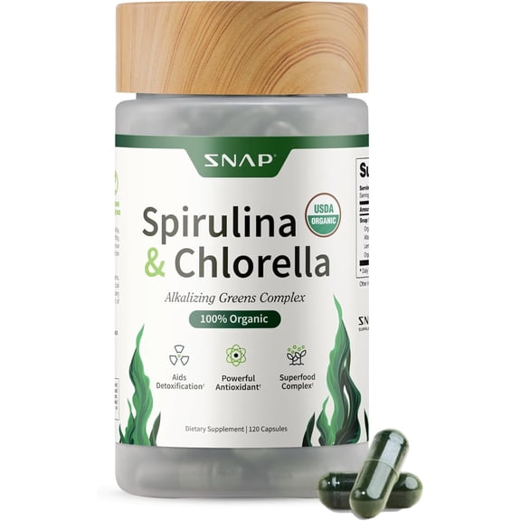Snap Supplements Organic Spirulina and Chlorella Superfood, 120 Vegan Capsules, Dietary Supplement for Adults, Convenient Daily Capsule Formula, Designed for daily greens and nutrient support