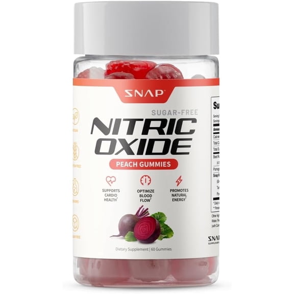 Snap Supplements Beetroot Nitric Oxide Gummy Peach Flavor for Blood Pressure and Energy Support, 60 Count