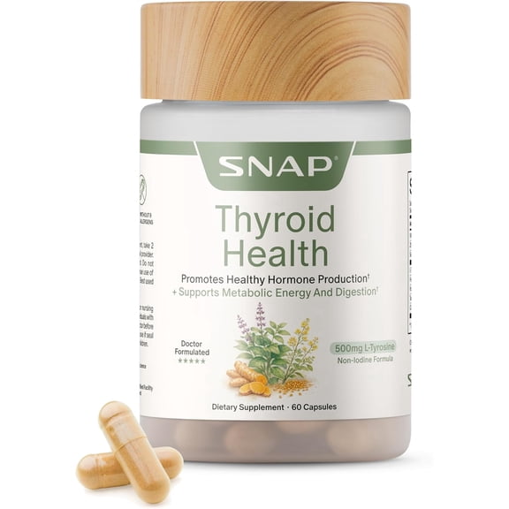 Snap Supplements Thyroid Health, Thyroid Support Supplement for Women & Men, with Selenium, Zinc, L-Tyrosine & Botanicals for Metabolism, Energy & Endocrine Balance, Iodine-Free, 60 Capsules