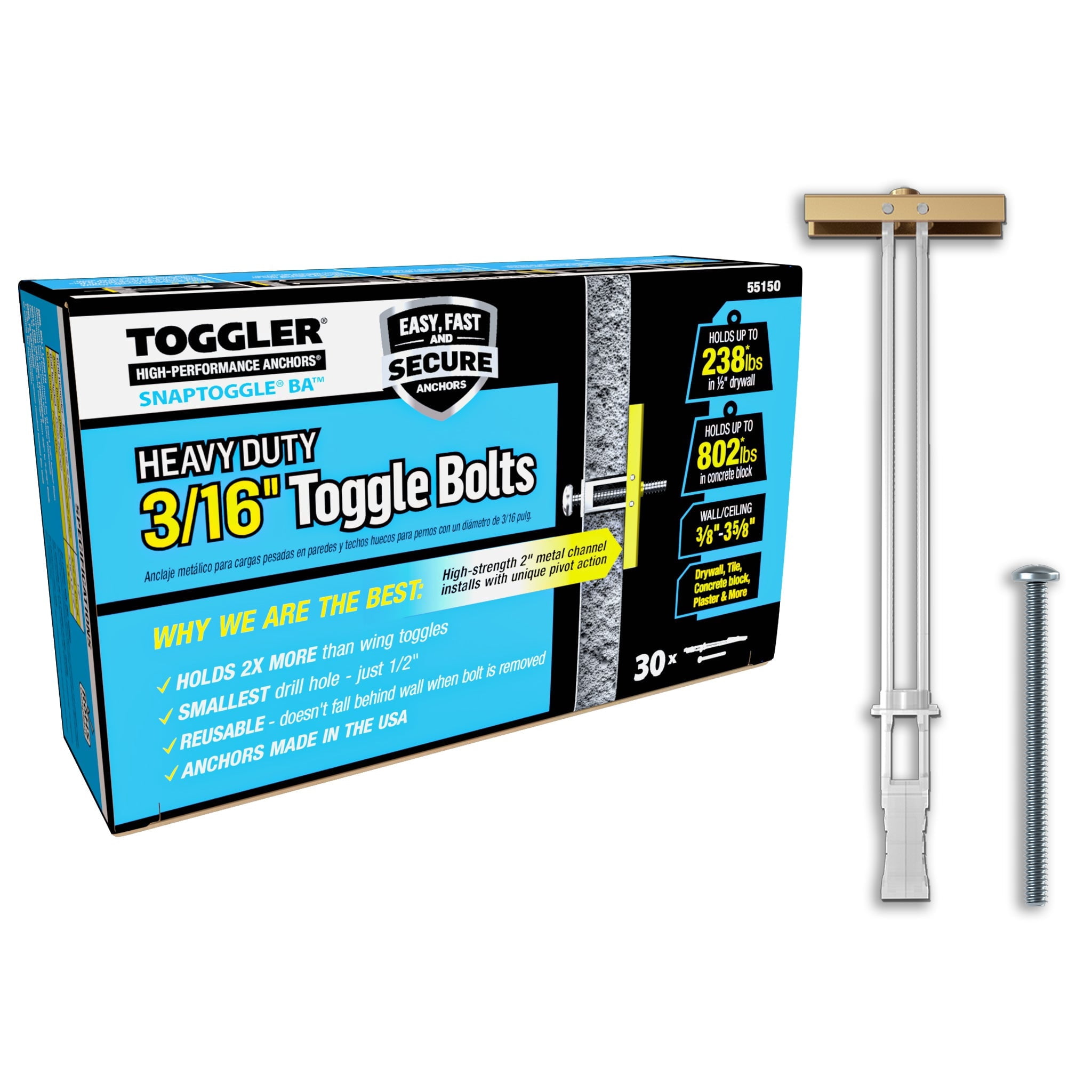 TOGGLER SnapToggle BA 3/16" Toggle Bolts with 2-1/2" Galvanized Combo Head Screws, Heavy Duty Anchors, 238 lb Drywall (Pack of 30 Screws Included)
