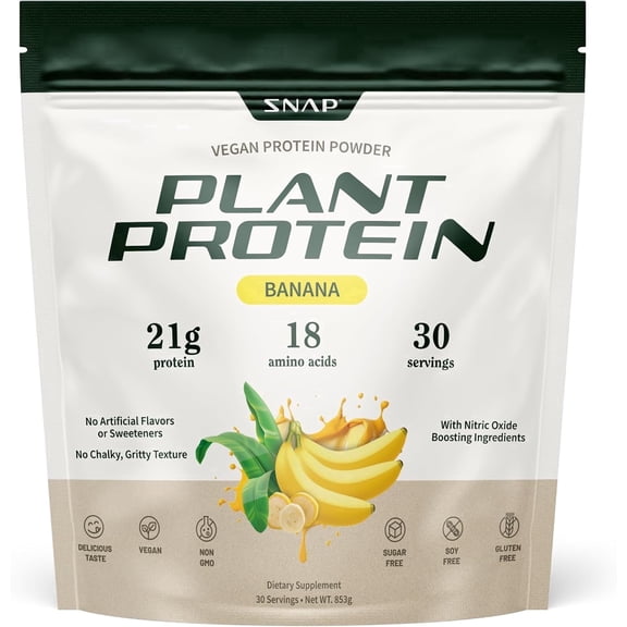 Snap Supplements Vegan Protein Powder, 21 g Plant Protein, Banana, 30 Servings, Dietary Supplement Drink Mix for Adults, Easy-to-Mix Daily Powder Formula, For protein intake and workout recovery