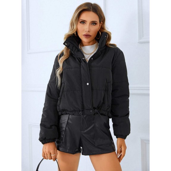 Snap and Zip Closure Drawstring Cropped Winter Coat
