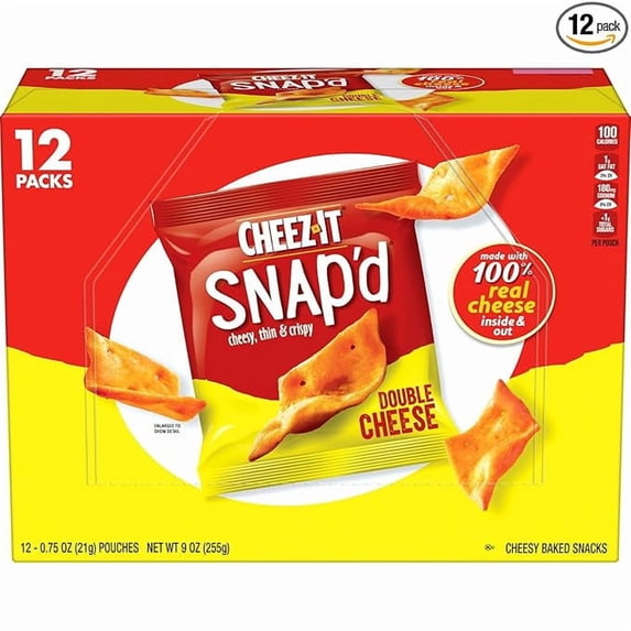 Snap'd Cheese Cracker Chips, Thin Crisps, Lunch Snacks, Double Cheese, 9oz Box (12 Pouches)