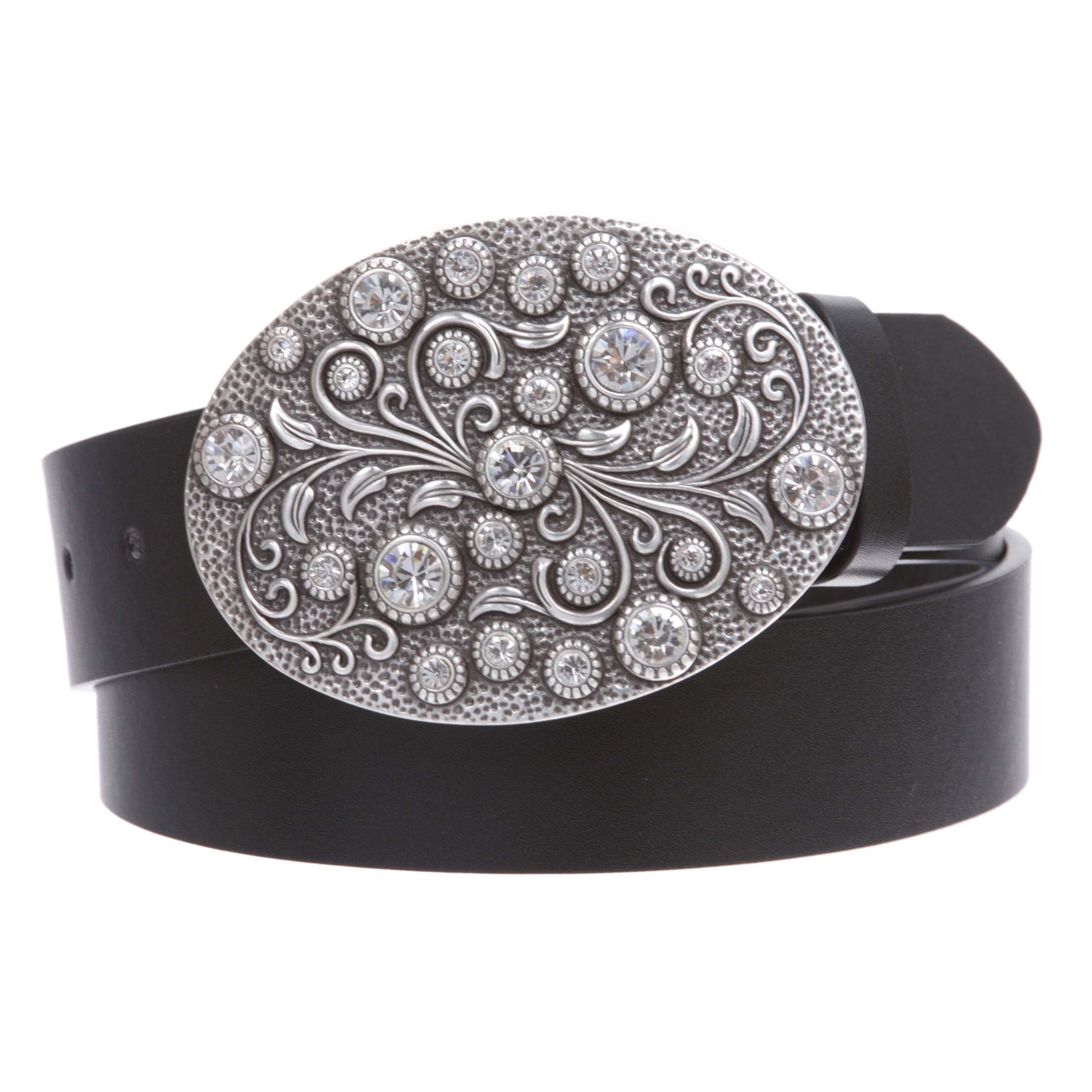 Snap on Bonded Leather Belt with Rhinestone Oval Flower  display picture 1