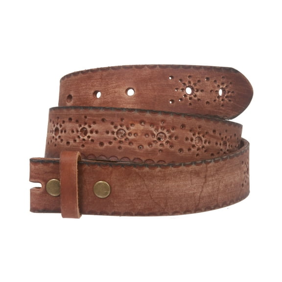 Snap on Flower Embossed Vintage Full Grain Oval Leather Jean Belt