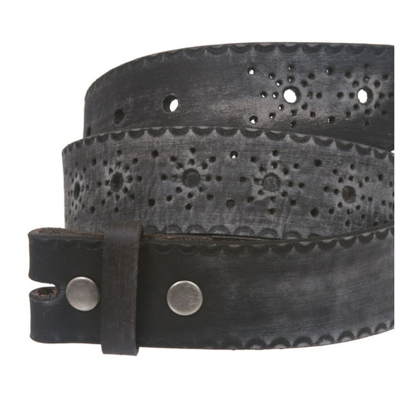 Snap on Flower Embossed Vintage Full Grain Oval Leather Jean Belt