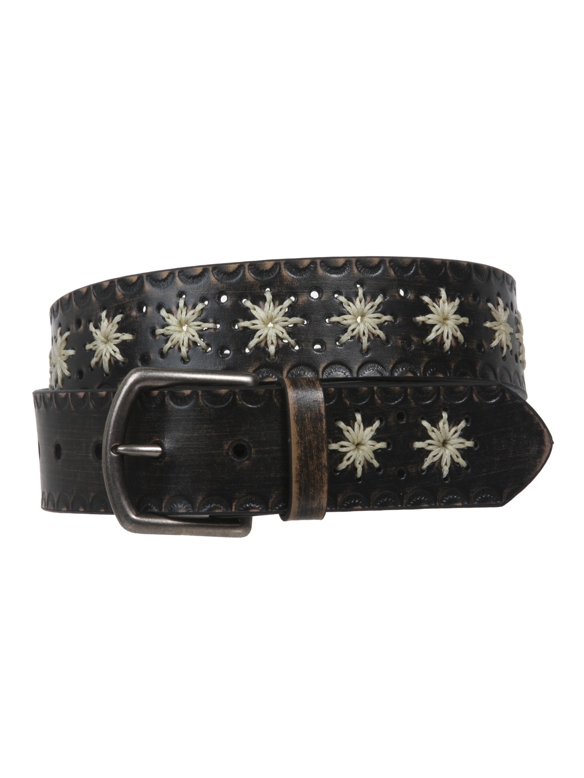 Snap on Flower Embossing Vintage Leather Belt - Walmart.com display picture 2