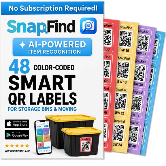 SnapFind QR Code Labels for Storage Bins & Moving, 48 Color-Coded Labels