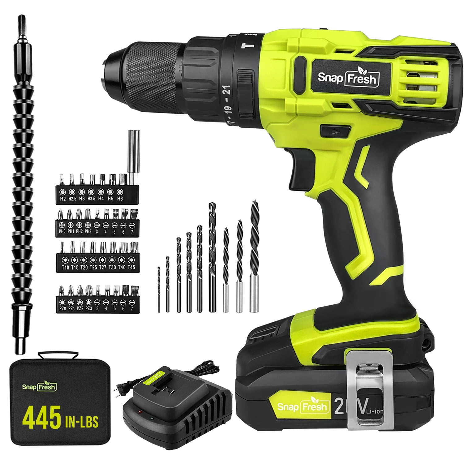SnapFresh 20V Cordless Drill,1/2 Metal Chuck , 445In-Lbs, 21+1 Torque Setting, 2.0Ah Battery