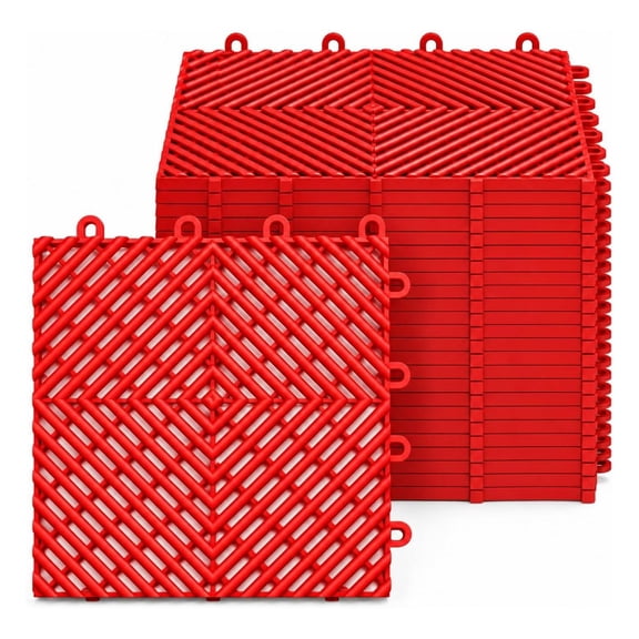 SnapLock RaceDeck Free-Flow 12x12 Inch Interlocking Garage Floor Tiles 24 Pack Red Plastic Modular Matting for Workshop Basement Shop Home Use No Tools Required