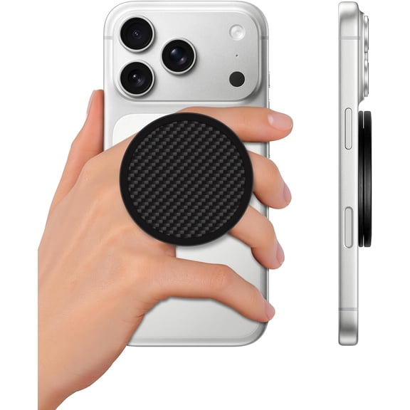 SnapPuck Grip Stand, Compatible with MagSafe, Ultra Slim Collapsible Phone Holder, Kickstand, Magnetic Snap Close (Carbon Fiber Pattern)