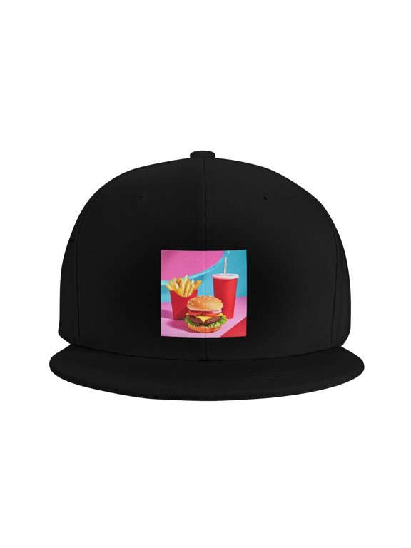 Snapback Hat Hamburger Fries Cola Flat Brim Adjustable Baseball Cap for Men Women Trucker Hat Black