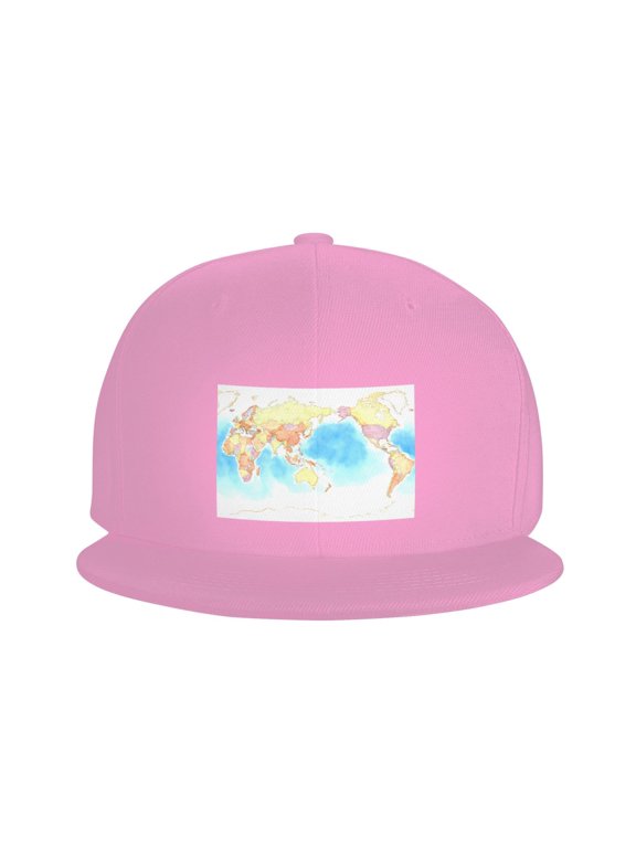 Snapback Hat World Map Flat Brim Adjustable Baseball Cap for Men Women Trucker Hat Pink