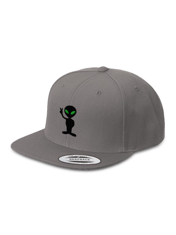 Snapback Hat for Men Flat Brim Hats Alien Peace Sign and Symbol Embroidered Flat Bill Hat Acrylic Dark Grey Design Only