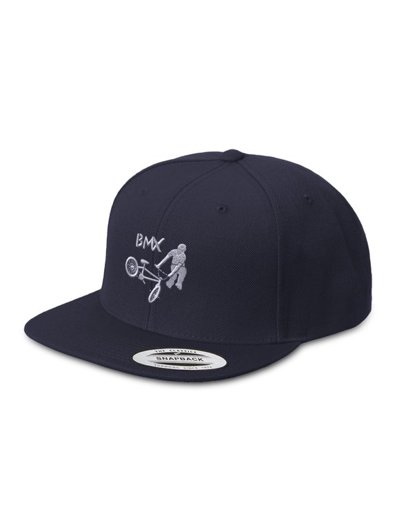 Snapback Hat for Men Flat Brim Hats Bmx Embroidered Flat Bill Hat Acrylic Navy Design Only