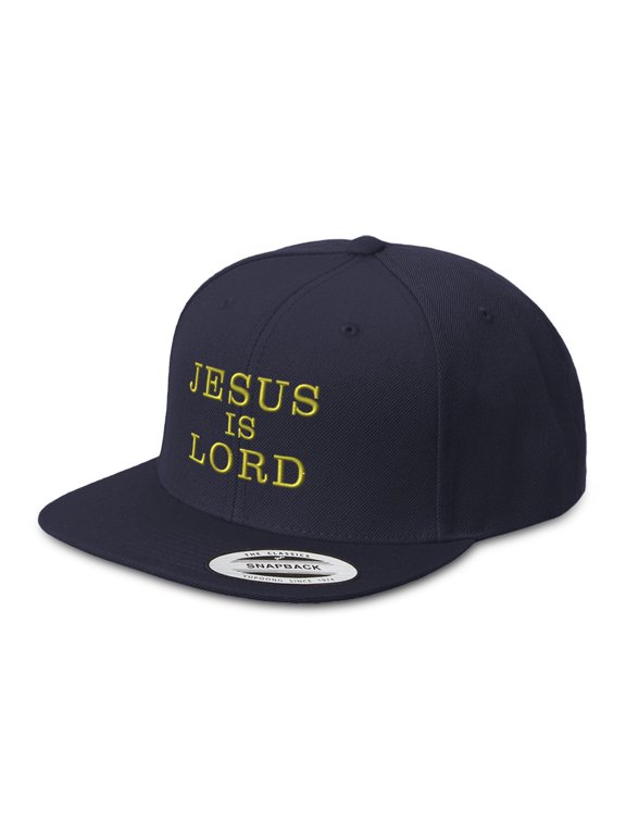 Snapback Hat for Men Flat Brim Hats Jesus Is Lord God Christ Christian Religious Embroidered Flat Bill Hat Acrylic Navy Design Only