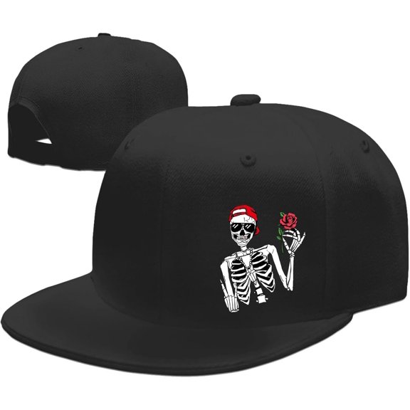 Snapback Hats for Men Flat Bill Brim Hats for Men Black Skeleton Skull Fitted Baseball Hat for Mens Hip Hop Rock Cool Wide Brim Mens Trucker Caps Adjustable Outdoor Skateboard Accessories Boys Teen