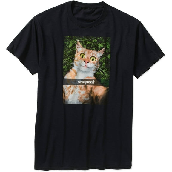 Teelocity Men's Funny Snapcat Snapchat Smiling Cat Black Relaxed Fit Short Sleeve Graphic T-Shirt