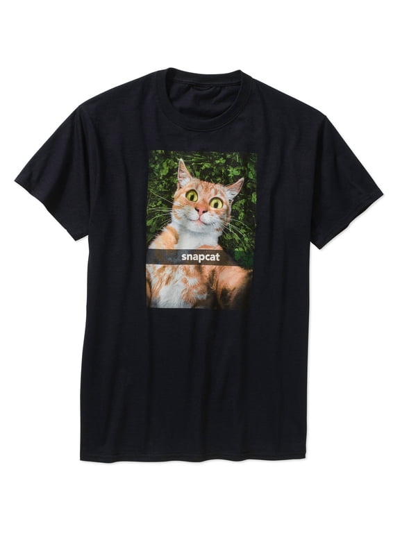 Men's Funny Snapcat Snapchat Smiling Cat Black Relaxed Fit Short Sleeve Graphic T-Shirt