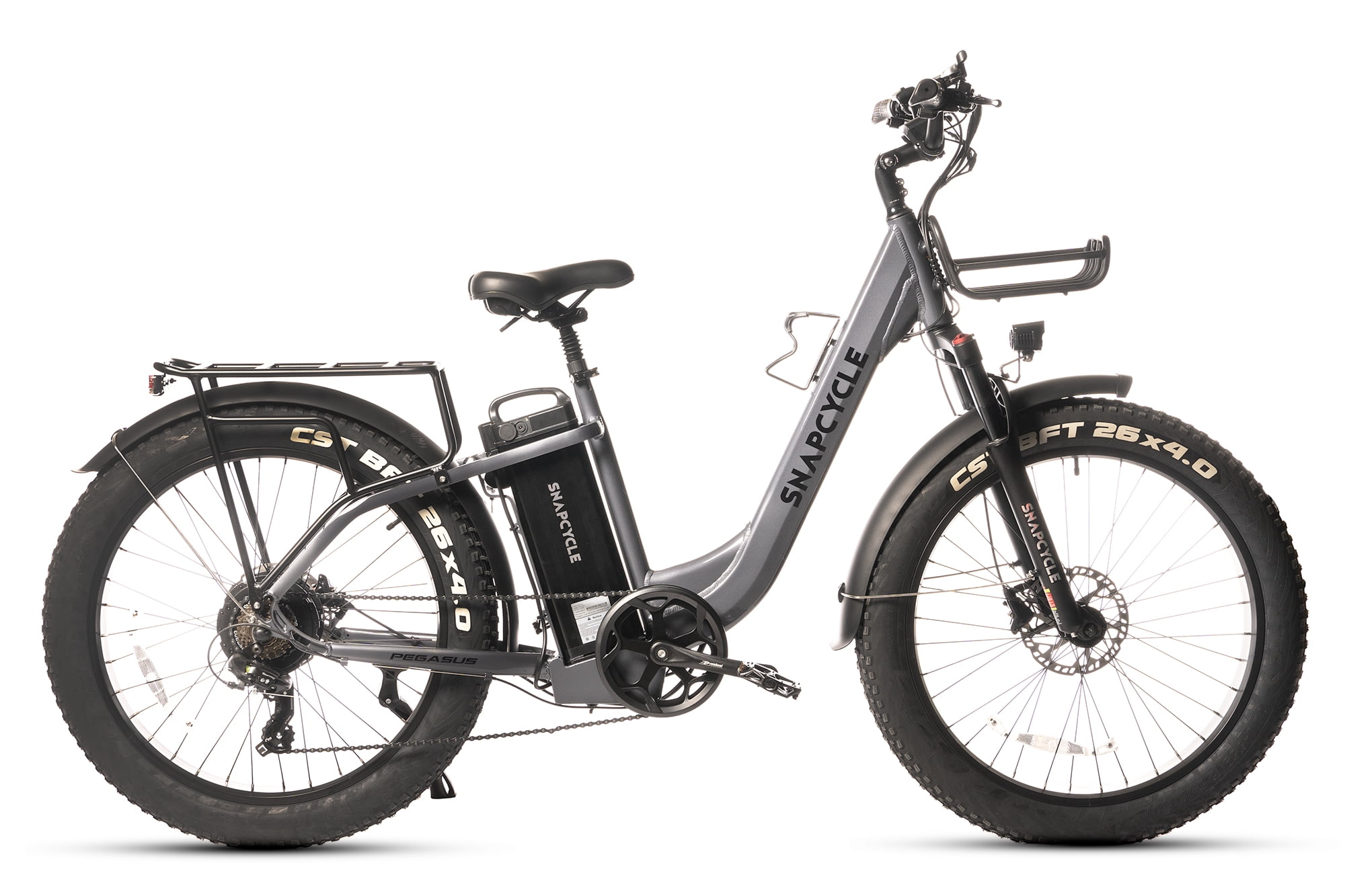 Snapcycle Pegausus Electric Bike for Adults, 750W Peak Motor, 28MPH with 26" x 4.0 Fat Tire Step-Thru Ebike, 48V 15AH Removable Battery, Gray