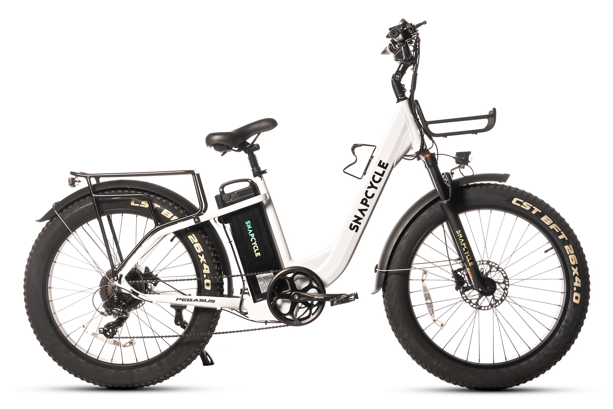 Snapcycle Pegausus Electric Bike for Adults, 750W Peak Motor, 28MPH with 26" x 4.0 Fat Tire Step-Thru Ebike, 48V 15AH Removable Battery, White