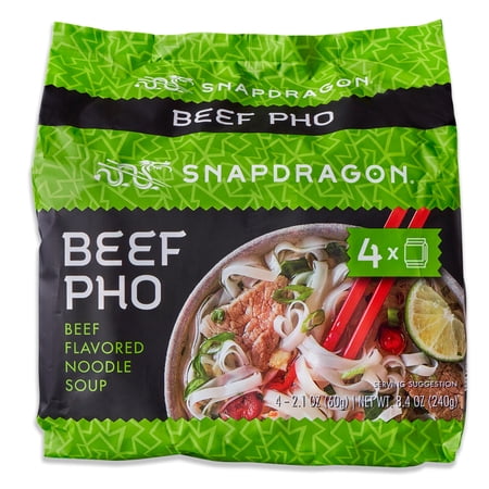 Snapdragon Beef Pho Savory Vietnamese Instant Noodle Soup Broth with Gluten-Free Rice Noodles (2.1 oz, 4 Count), Shelf-Stable