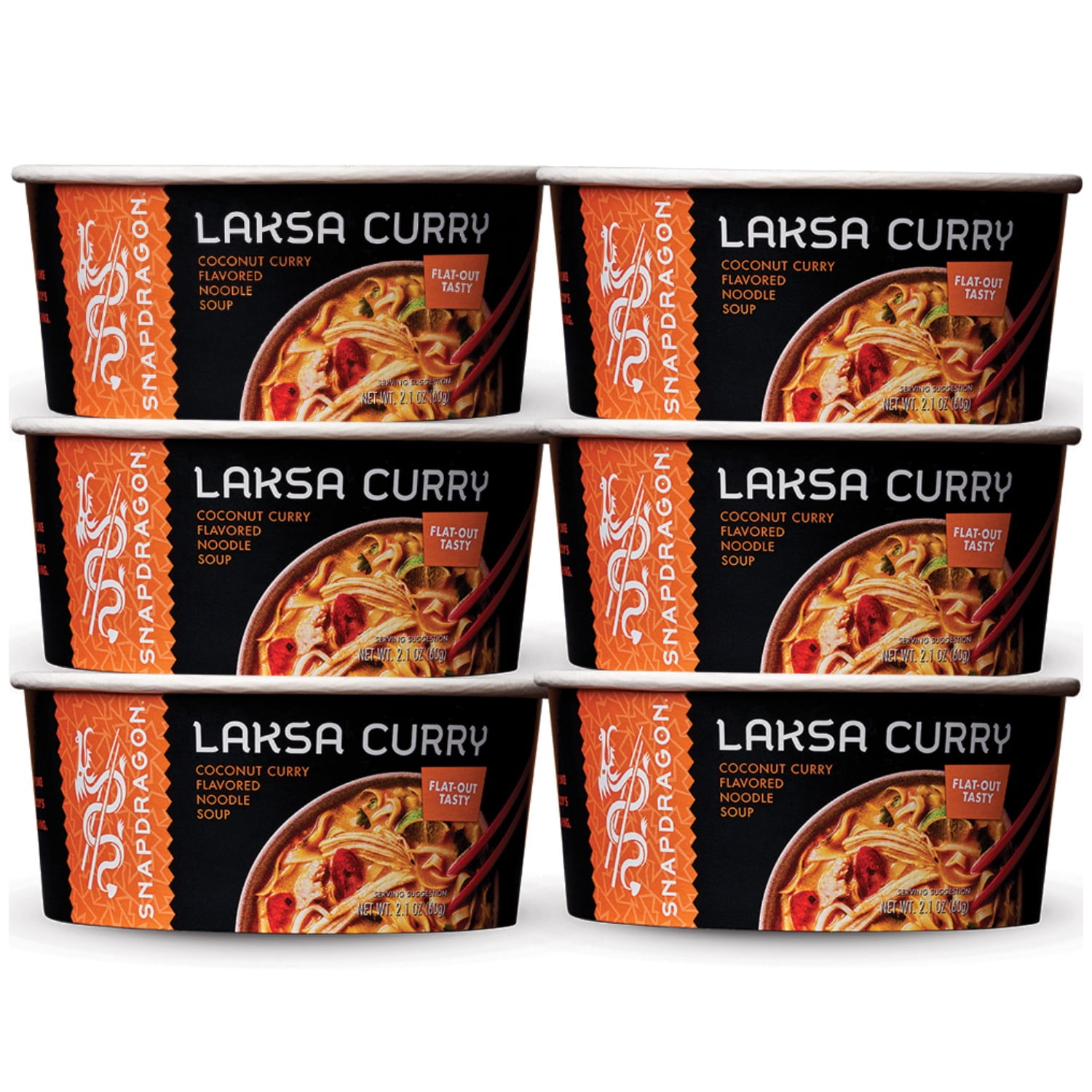 Snapdragon Laksa Curry Pho Spicy Instant Noodle Soup Broth with Gluten-Free Rice Noodles (2.1 oz Each, 6 Count), Shelf-Stable, Bowls