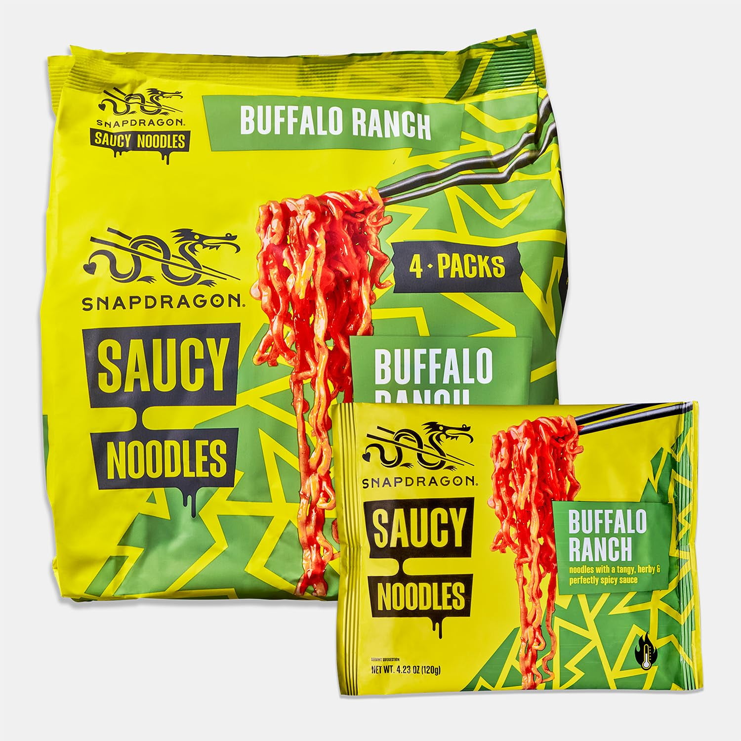 Snapdragon Saucy Instant Noodles with Spicy KKS1&nbsp;Buffalo Ranch Slurpable Sauce - Quick Meal, Snack, and Lunch. 4-Pack Microwave Noodles for Cup, Bowl, Ramen or Asian Stir Fry