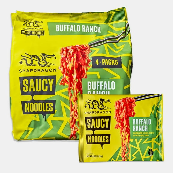 Snapdragon Saucy Instant Noodles with Spicy KKS1Buffalo Ranch Slurpable Sauce - Quick Meal, Snack, and Lunch. 4-Pack Microwave Noodles for Cup, Bowl, Ramen or Asian Stir Fry