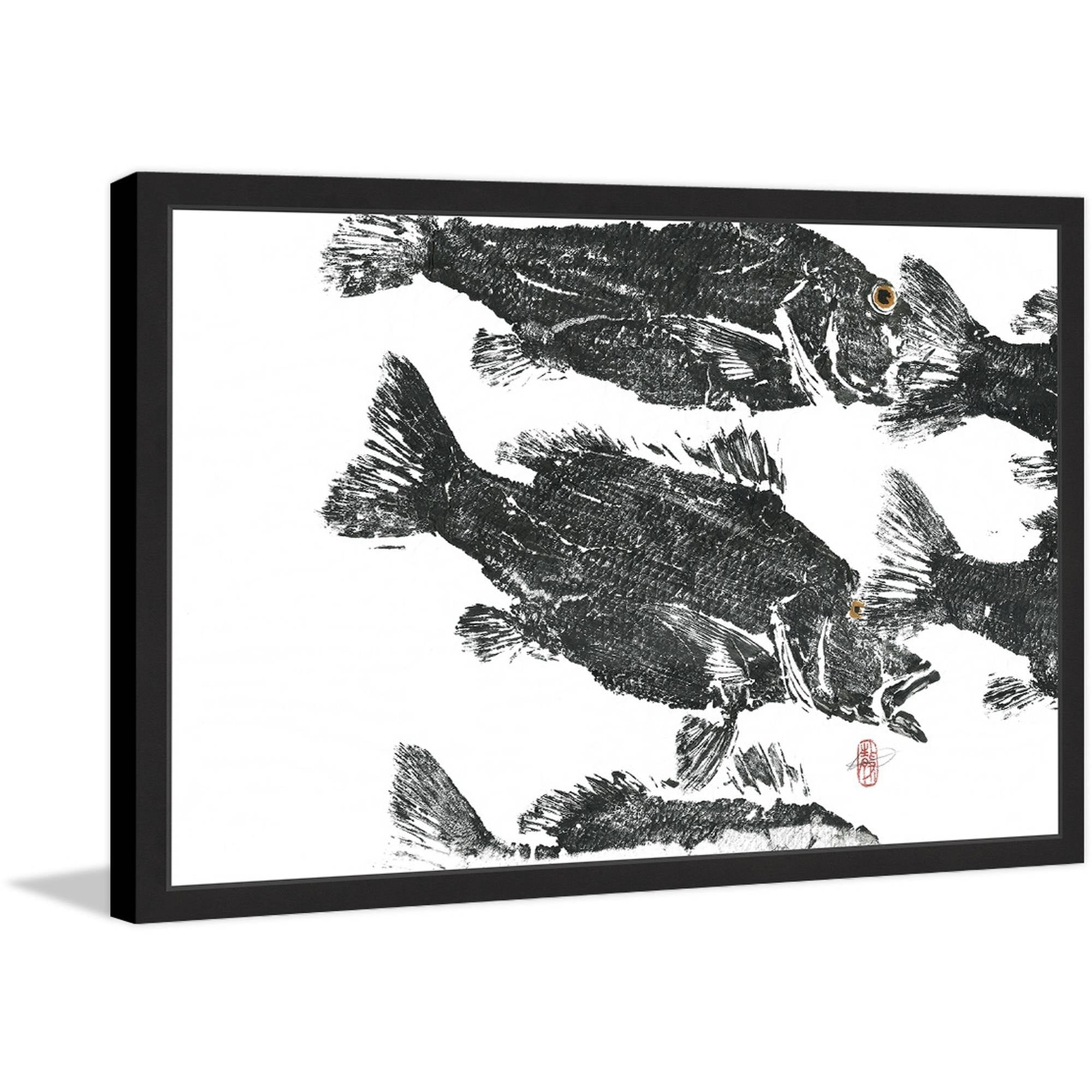 Black and White Gyotaku Fish Framed Canvas Print, 30" x 45"